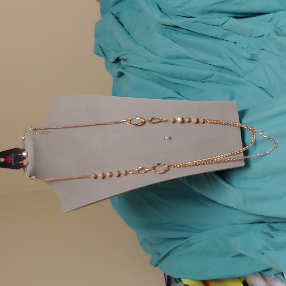 Paparazzi Gold chains w/ pale beads and matching earrings